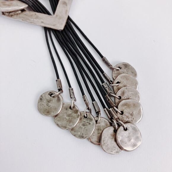 Chunky Chico’s Brutalist Statement Necklace Silver Tone Geometric Coin Tassels - Picture 12 of 14